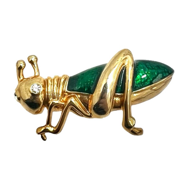 LANDAU GOLD TONE & GREEN GRASSHOPPER BROOCH - Picture 1 of 16